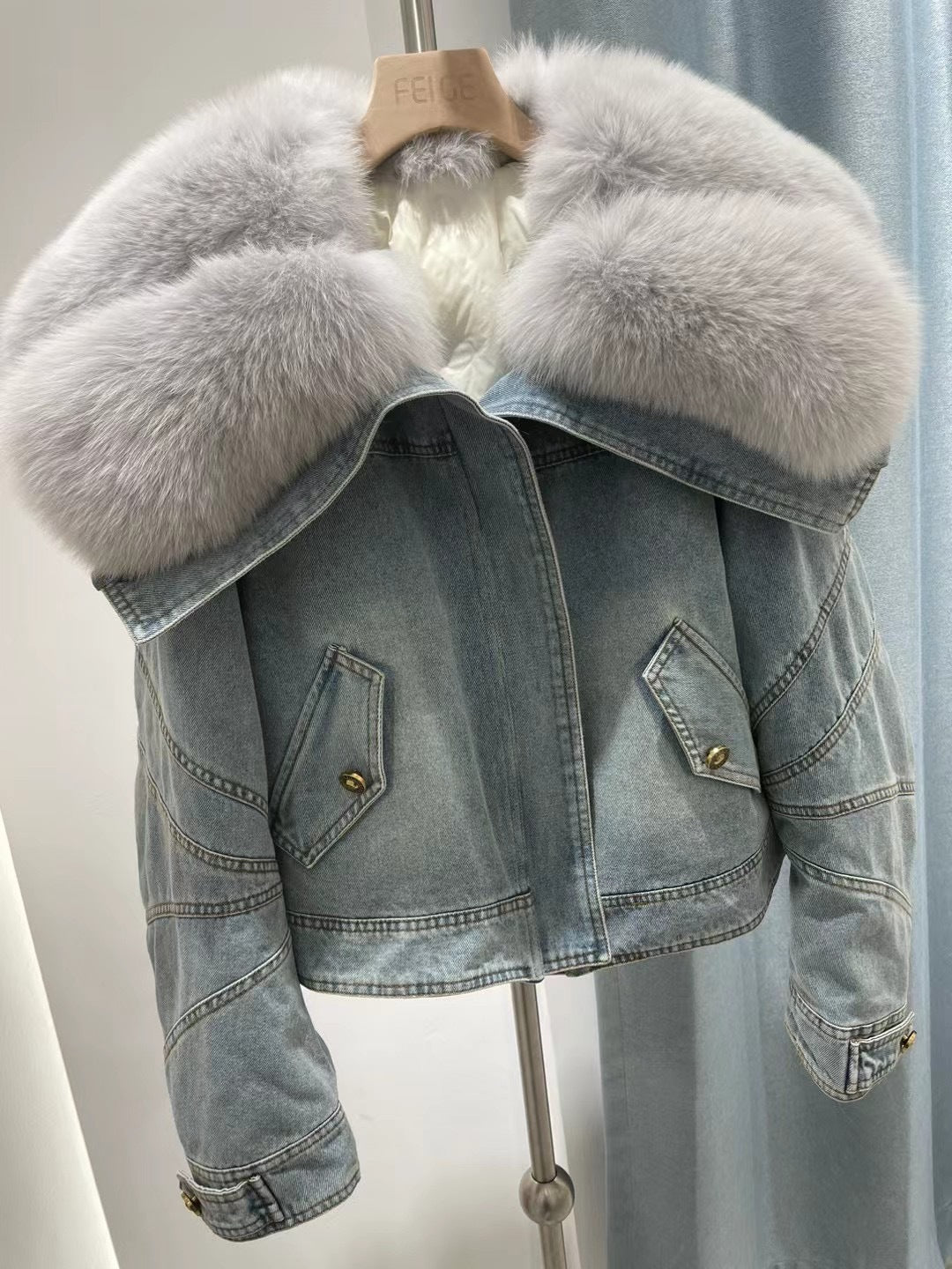 Faux Fur Neck Denim Coat For Women Long Sleeve Blue Patchwork Outwears Warmth Fashion Jacket Autumn Winter New