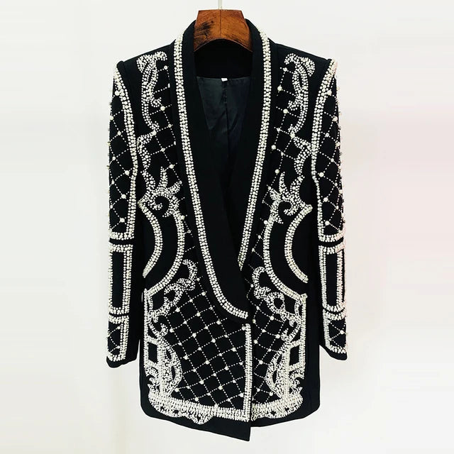 Fashion Designer Women's Shawl Collar Stunning Diamonds Pearls Beaded Blazer Dress