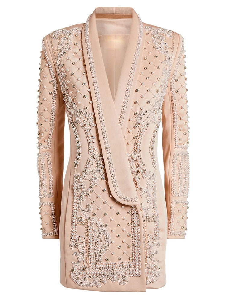 Fashion Designer Women's Shawl Collar Stunning Diamonds Pearls Beaded Blazer Dress