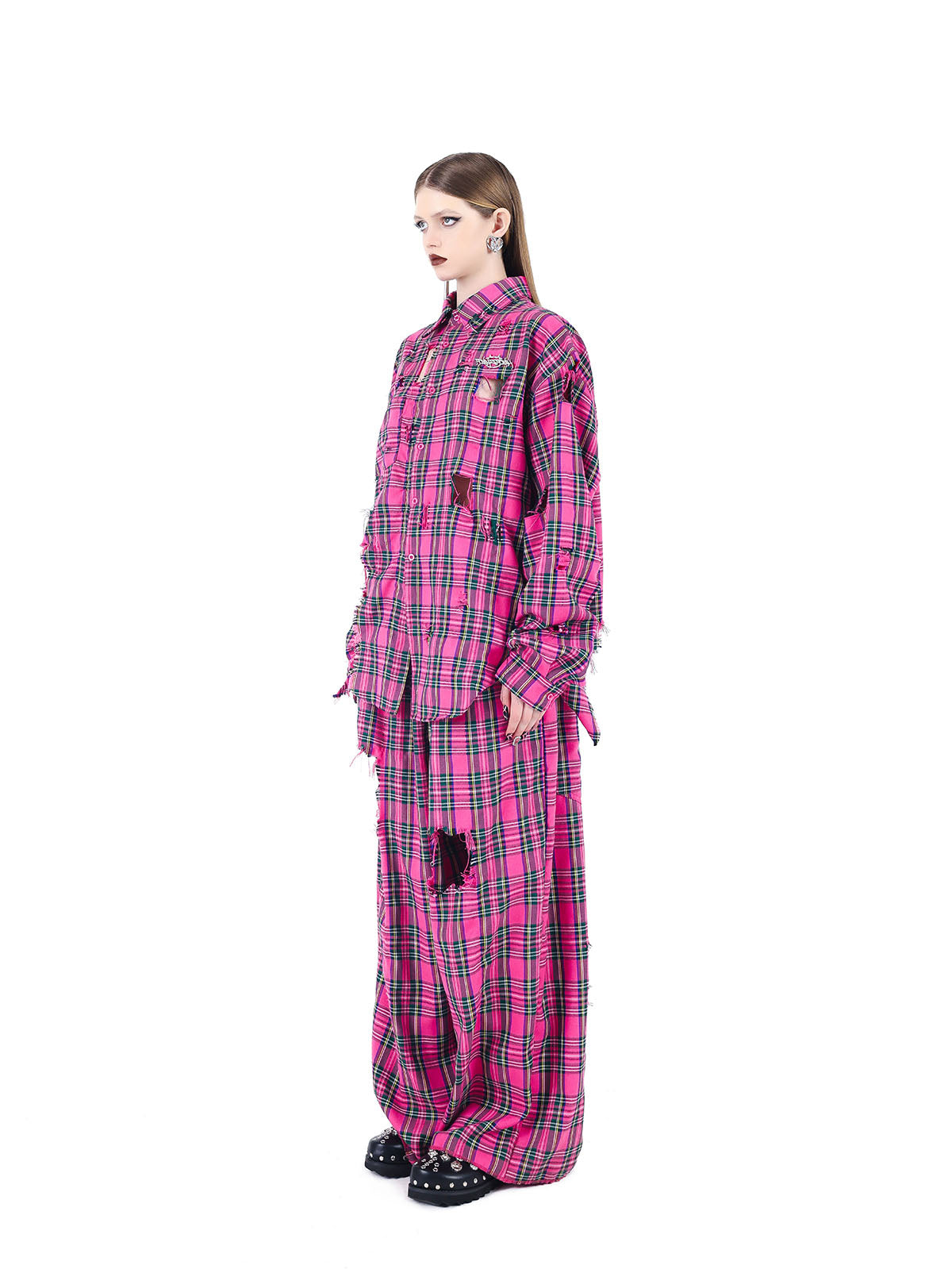 Fashion wear pink checkered shirt torn punk rock loose hip-hop street couple long sleeved shirt top+pants two-piece set