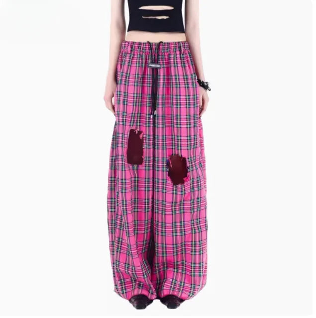 Fashion wear pink checkered shirt torn punk rock loose hip-hop street couple long sleeved shirt top+pants two-piece set