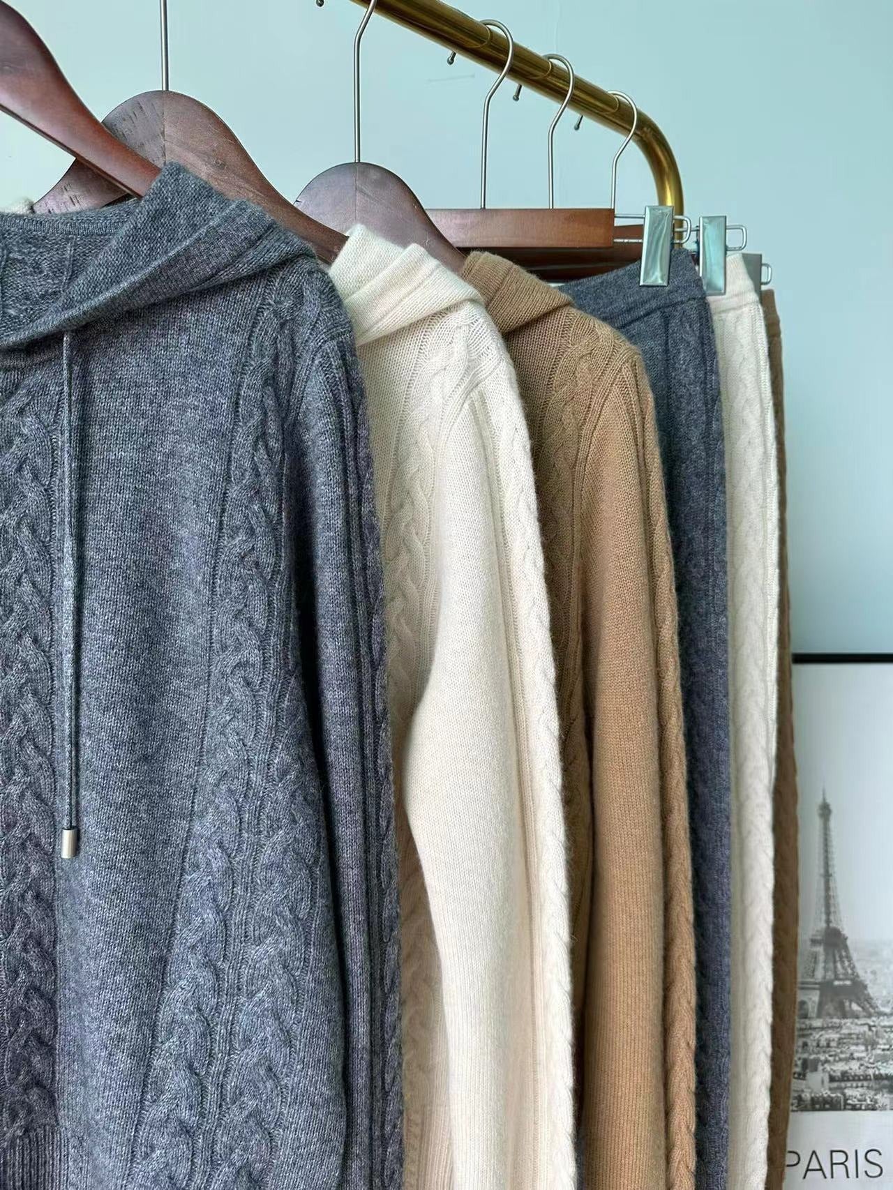 Casual cashmere suit twist knitted hooded sweatshirt cardigan leggings and trousers two piece set