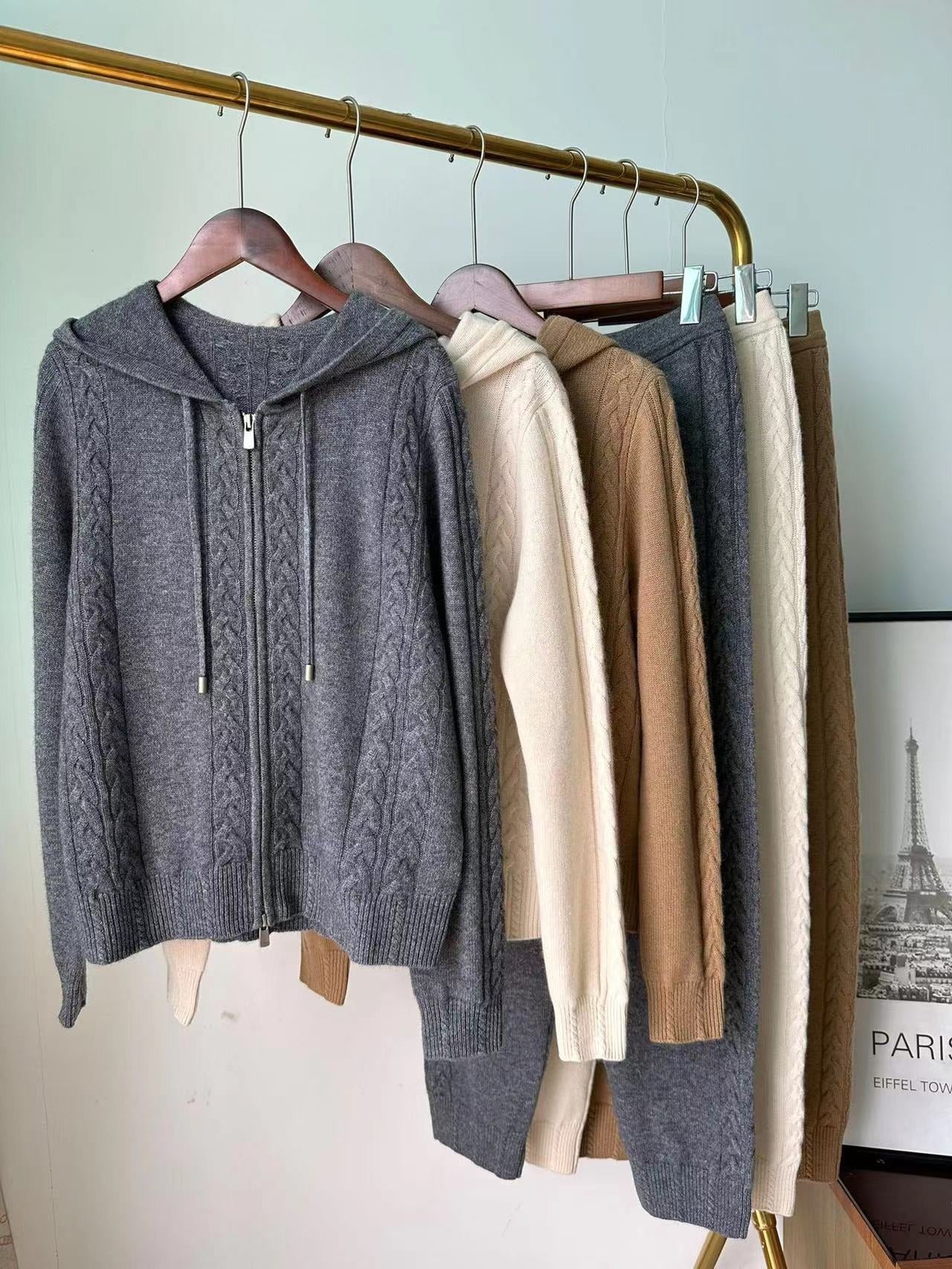 Casual cashmere suit twist knitted hooded sweatshirt cardigan leggings and trousers two piece set