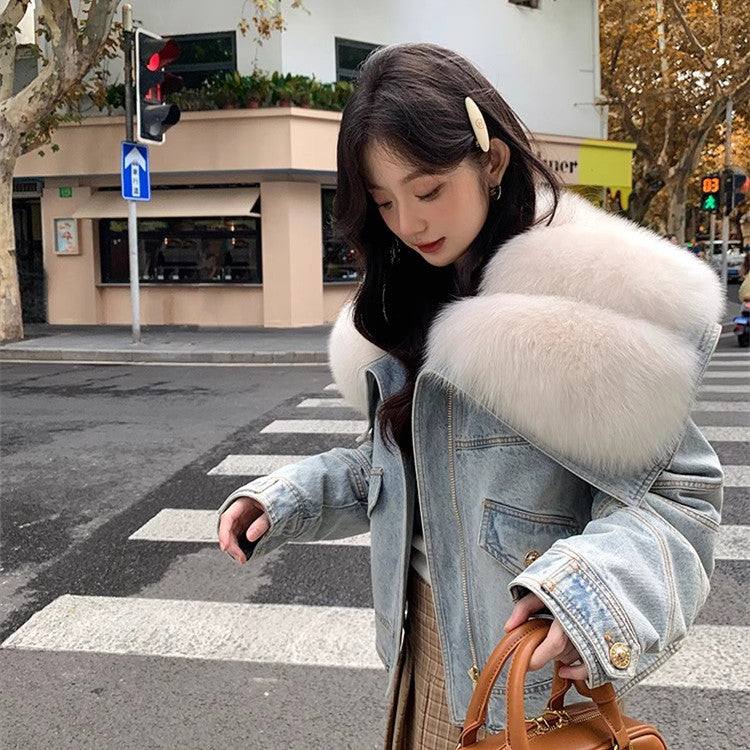 Faux Fur Neck Denim Coat For Women Long Sleeve Blue Patchwork Outwears Warmth Fashion Jacket Autumn Winter New