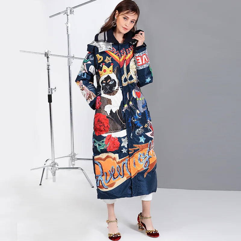 High quality new Temperament Fashion Loose parka Print Vintage X-Long women down winter coat Warm Jacket Female Overcoat