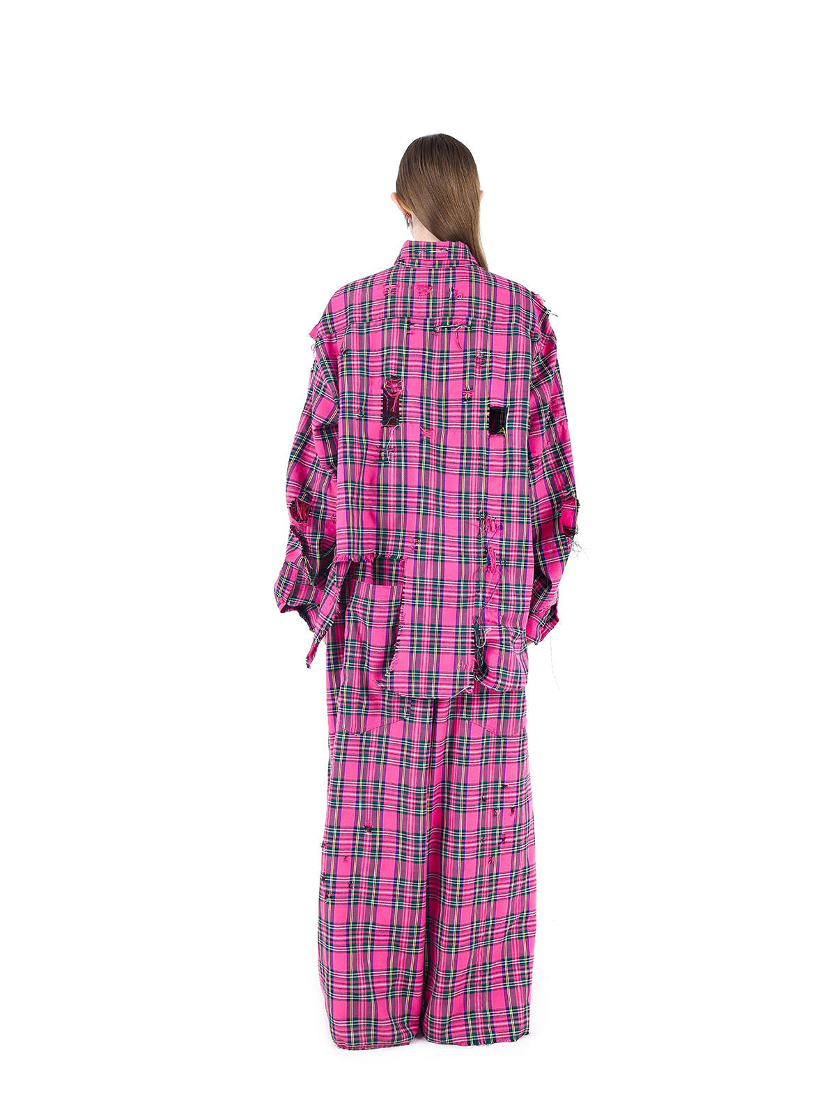 Fashion wear pink checkered shirt torn punk rock loose hip-hop street couple long sleeved shirt top+pants two-piece set