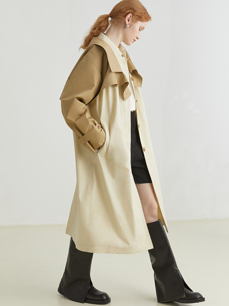 Fashion Women's Trench Coat New Lapel Single Breasted Contrast Color Fake 2 pcs Windbreaker