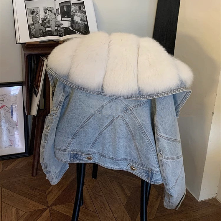 Faux Fur Neck Denim Coat For Women Long Sleeve Blue Patchwork Outwears Warmth Fashion Jacket Autumn Winter New