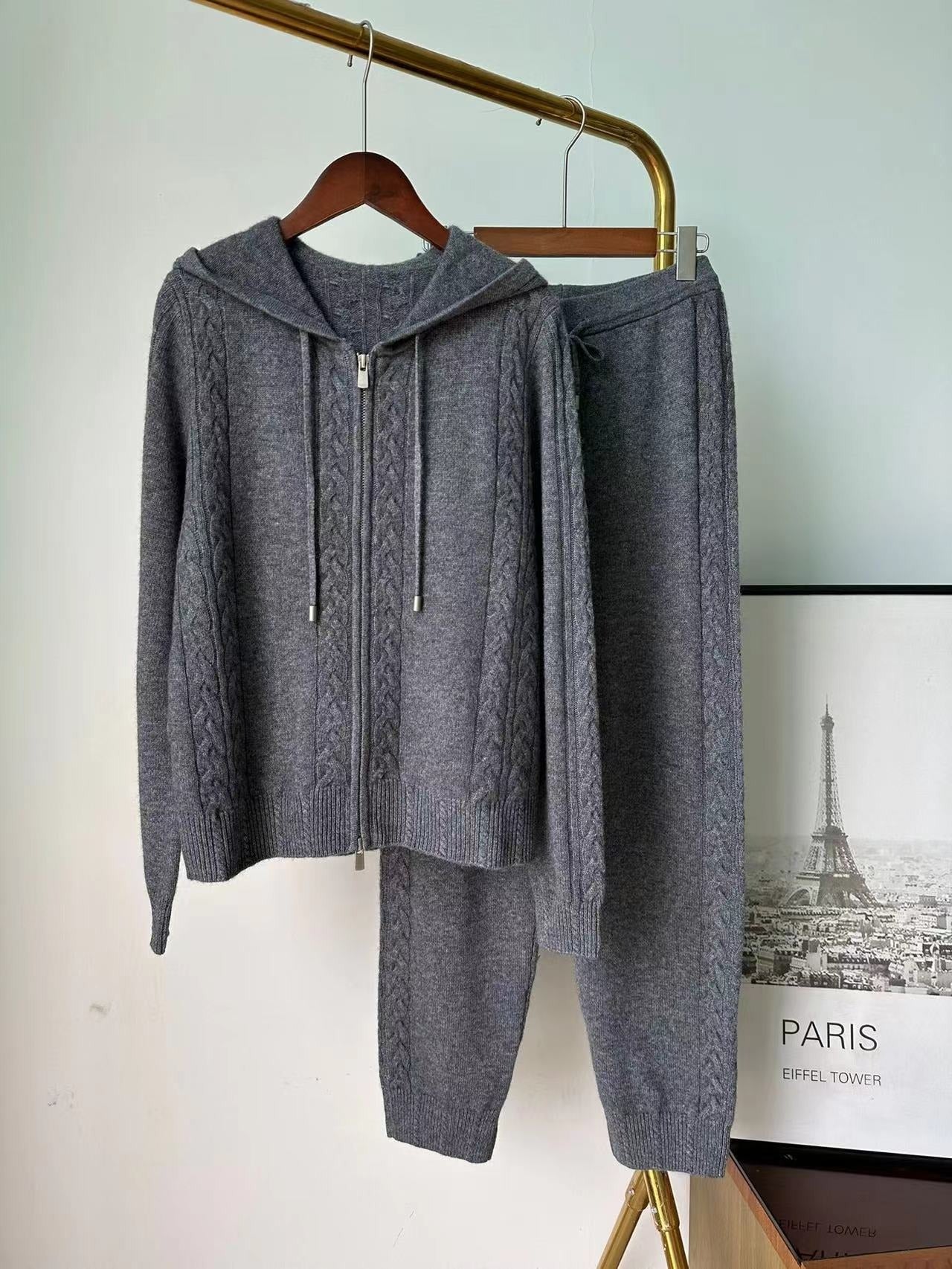 Casual cashmere suit twist knitted hooded sweatshirt cardigan leggings and trousers two piece set