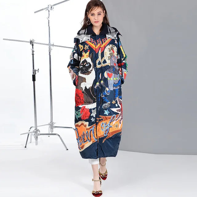 High quality new Temperament Fashion Loose parka Print Vintage X-Long women down winter coat Warm Jacket Female Overcoat