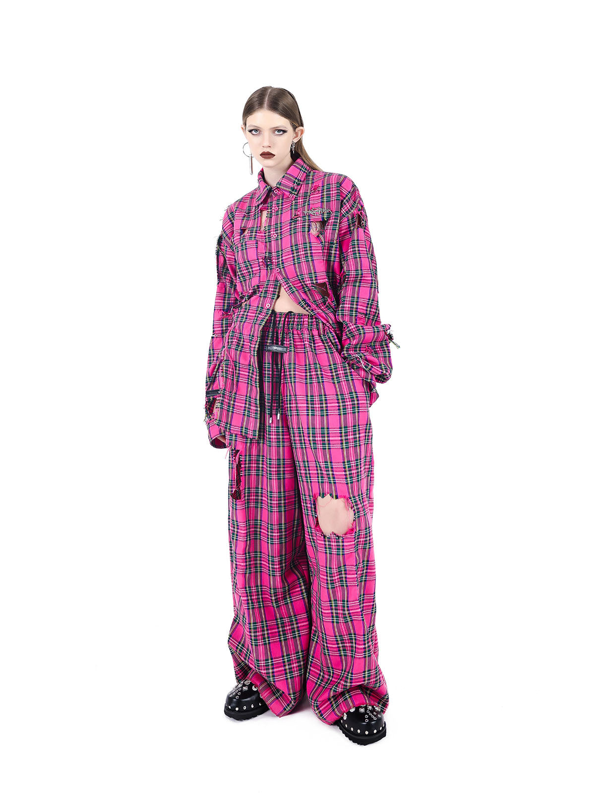 Fashion wear pink checkered shirt torn punk rock loose hip-hop street couple long sleeved shirt top+pants two-piece set