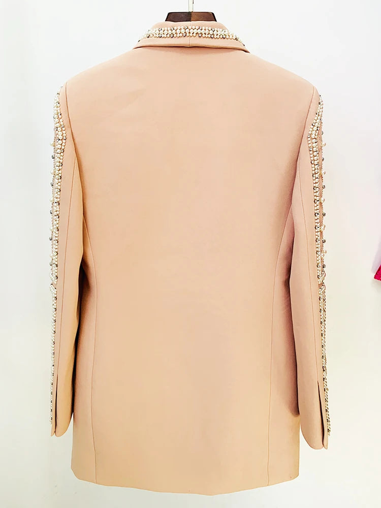 Fashion Designer Women's Shawl Collar Stunning Diamonds Pearls Beaded Blazer Dress