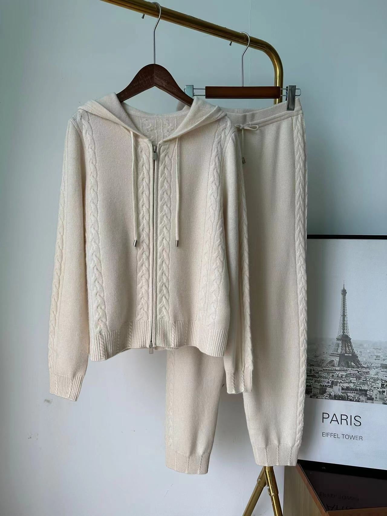 Casual cashmere suit twist knitted hooded sweatshirt cardigan leggings and trousers two piece set