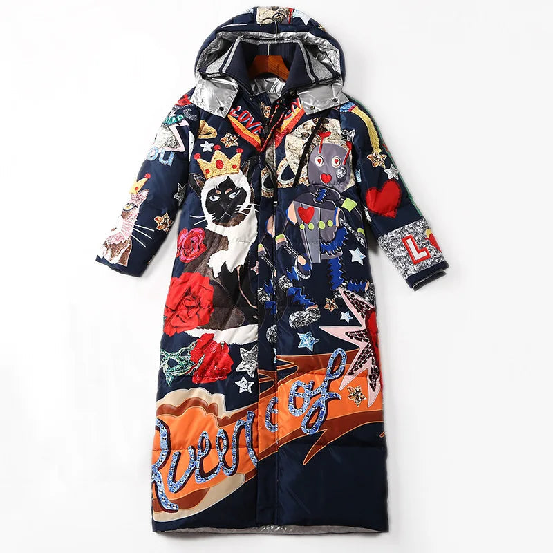 High quality new Temperament Fashion Loose parka Print Vintage X-Long women down winter coat Warm Jacket Female Overcoat