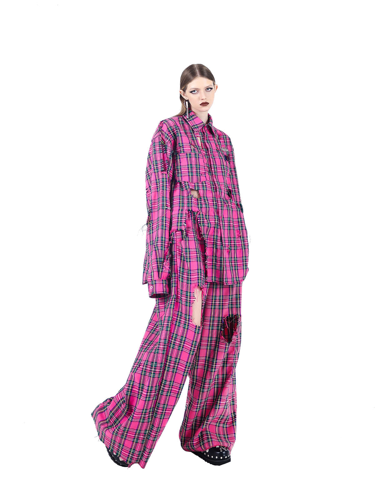 Fashion wear pink checkered shirt torn punk rock loose hip-hop street couple long sleeved shirt top+pants two-piece set