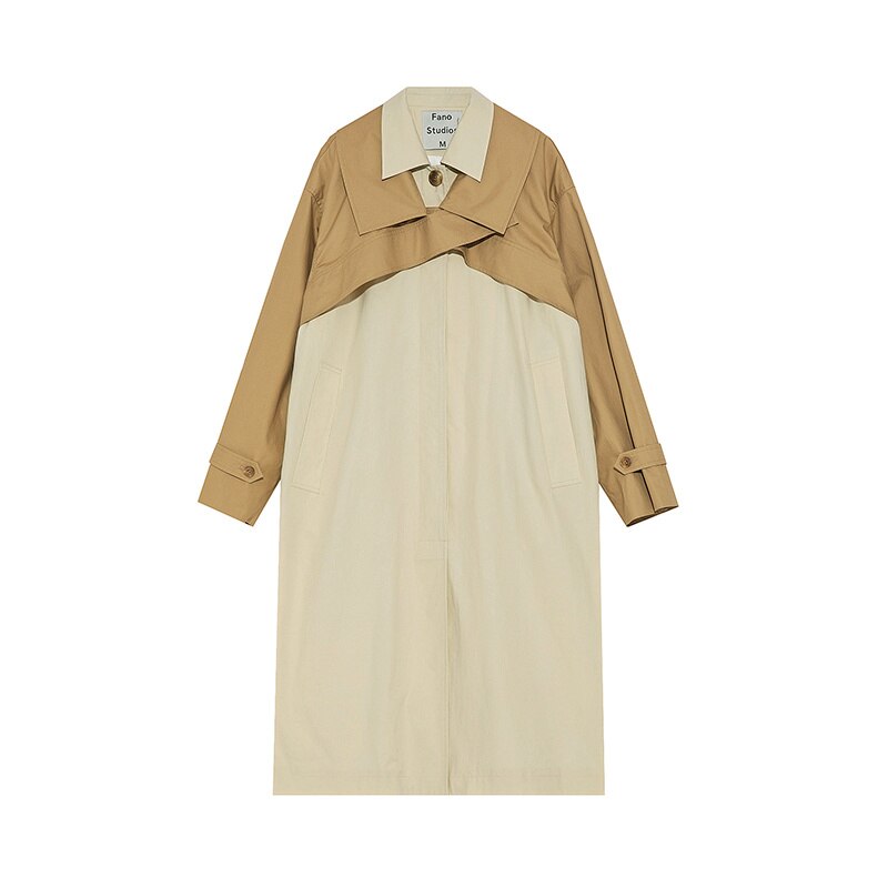 Fashion Women's Trench Coat New Lapel Single Breasted Contrast Color Fake 2 pcs Windbreaker