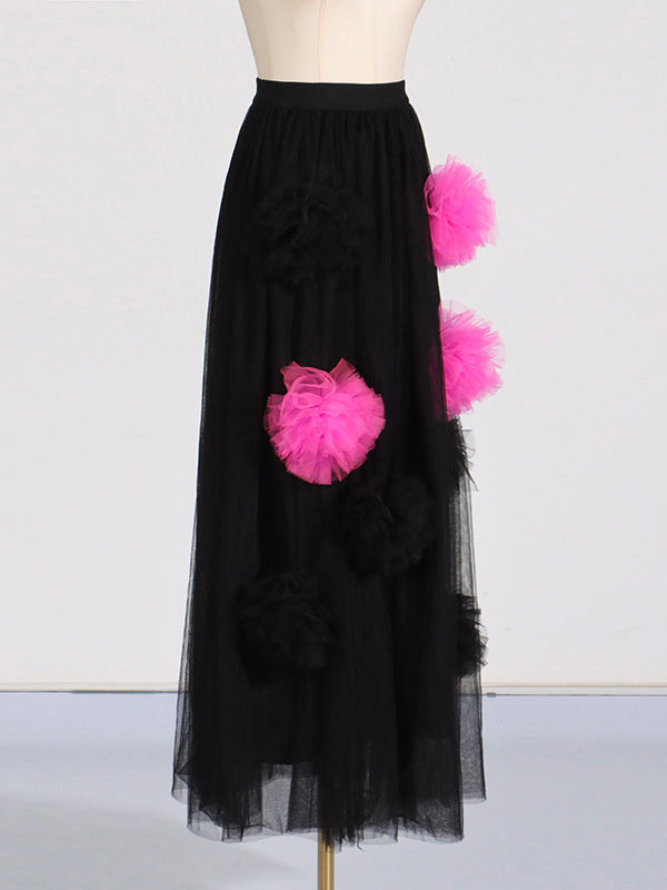 Fashion sexy mesh flower splicing design perspective high-end contrast color skirt for women