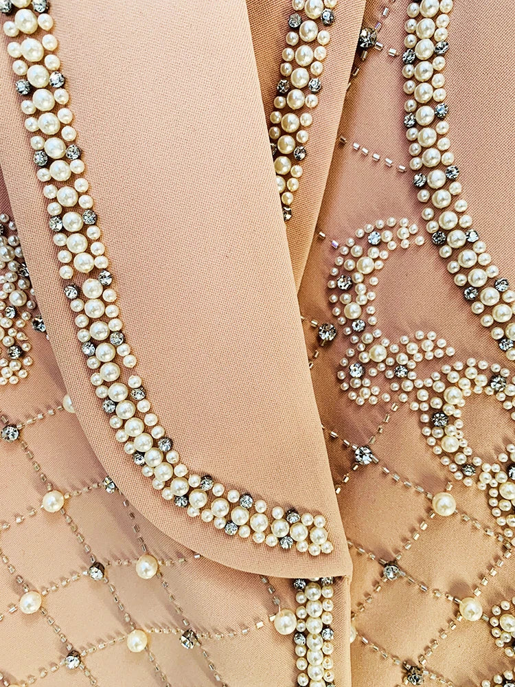 Fashion Designer Women's Shawl Collar Stunning Diamonds Pearls Beaded Blazer Dress