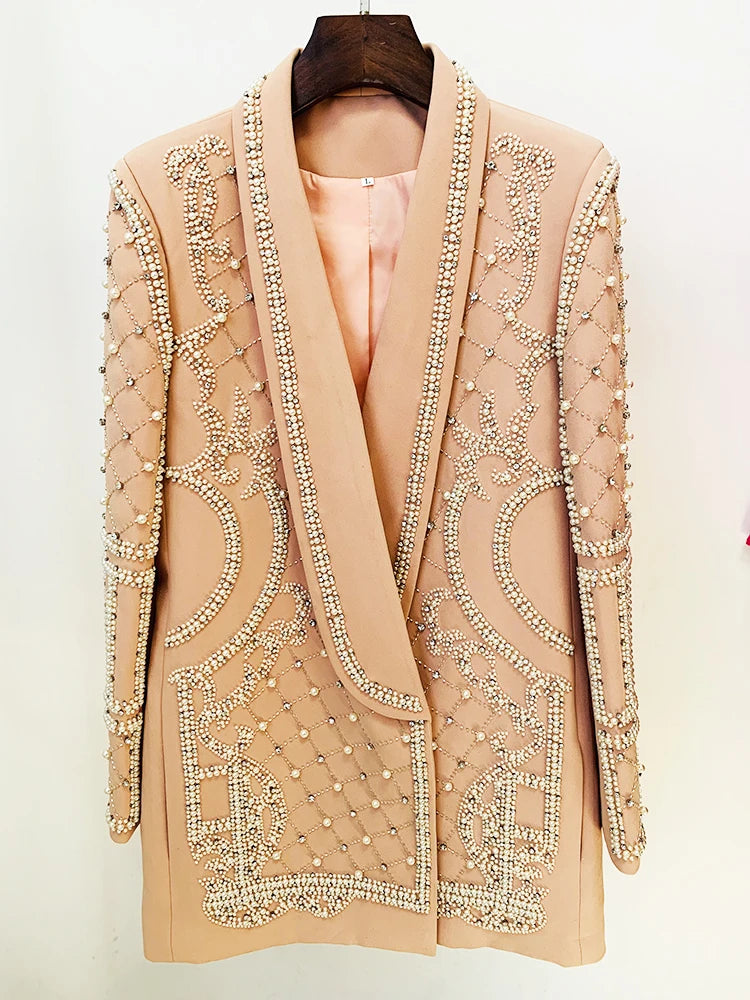 Fashion Designer Women's Shawl Collar Stunning Diamonds Pearls Beaded Blazer Dress