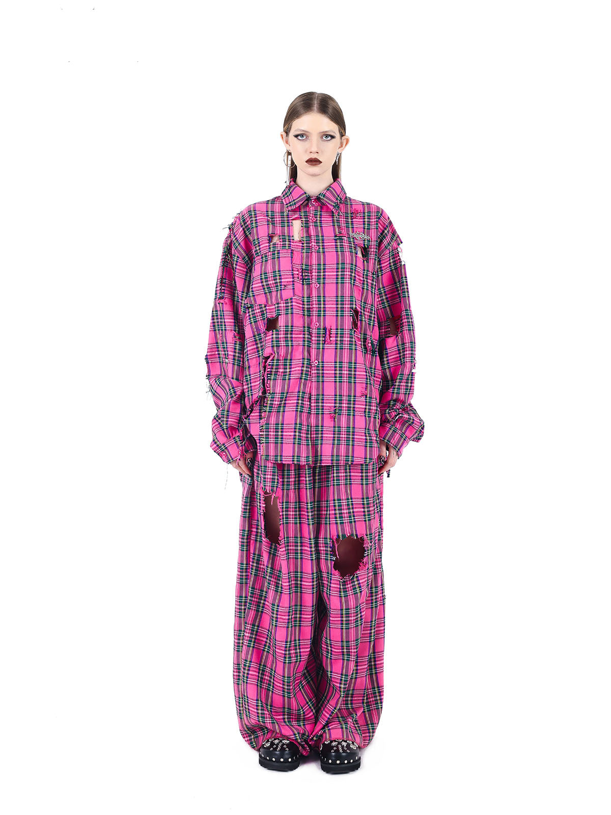 Fashion wear pink checkered shirt torn punk rock loose hip-hop street couple long sleeved shirt top+pants two-piece set