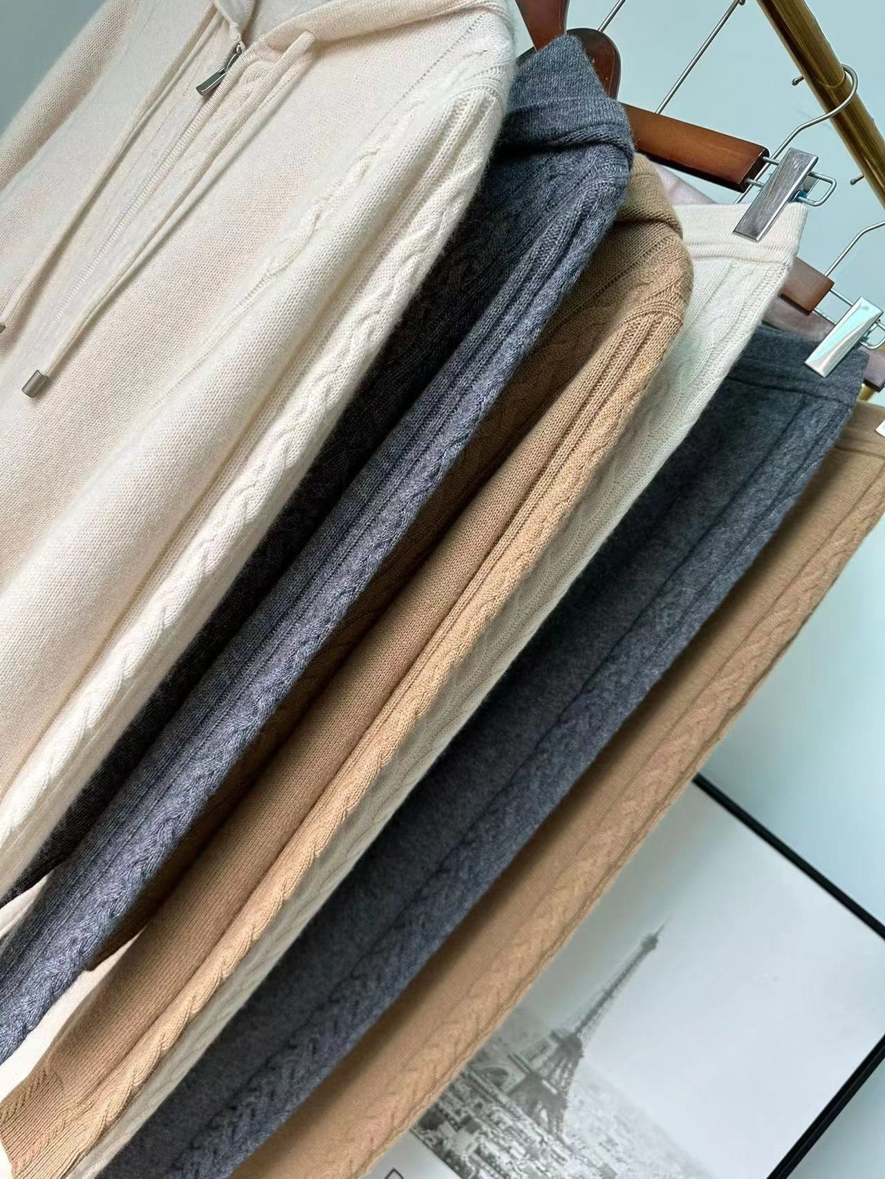 Casual cashmere suit twist knitted hooded sweatshirt cardigan leggings and trousers two piece set