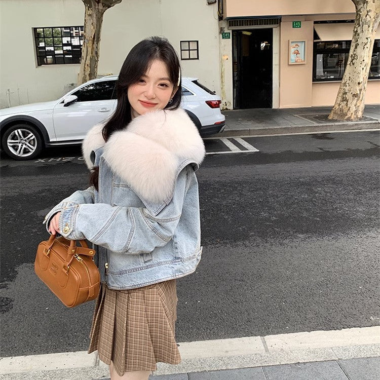 Faux Fur Neck Denim Coat For Women Long Sleeve Blue Patchwork Outwears Warmth Fashion Jacket Autumn Winter New