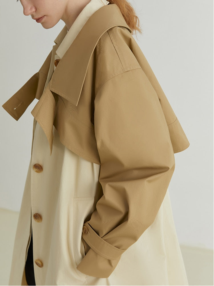 Fashion Women's Trench Coat New Lapel Single Breasted Contrast Color Fake 2 pcs Windbreaker