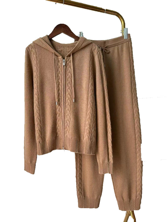 Casual cashmere suit twist knitted hooded sweatshirt cardigan leggings and trousers two piece set