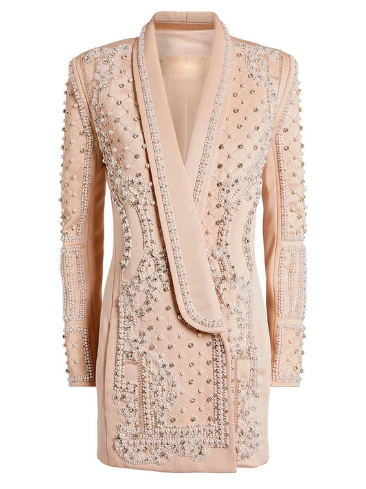 Fashion Designer Women's Shawl Collar Stunning Diamonds Pearls Beaded Blazer Dress