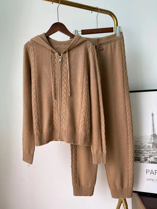 Casual cashmere suit twist knitted hooded sweatshirt cardigan leggings and trousers two piece set