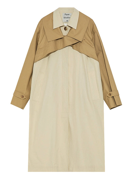 Fashion Women's Trench Coat New Lapel Single Breasted Contrast Color Fake 2 pcs Windbreaker