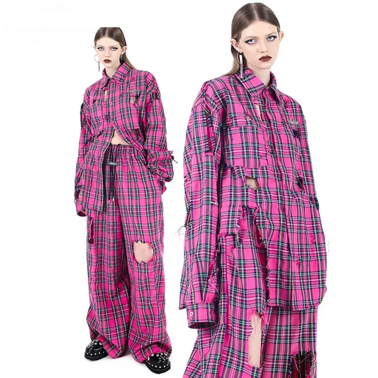 Fashion wear pink checkered shirt torn punk rock loose hip-hop street couple long sleeved shirt top+pants two-piece set